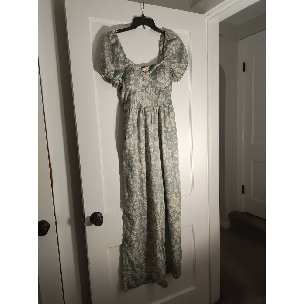 Land of the Free Jumpsuit L Sage Green Floral Puff Sleeve Wide Leg Boho